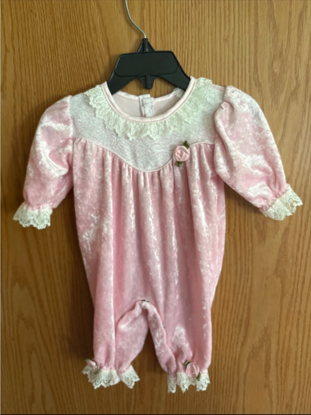 Pink Lace-Trim Velvet Baby One-Piece
